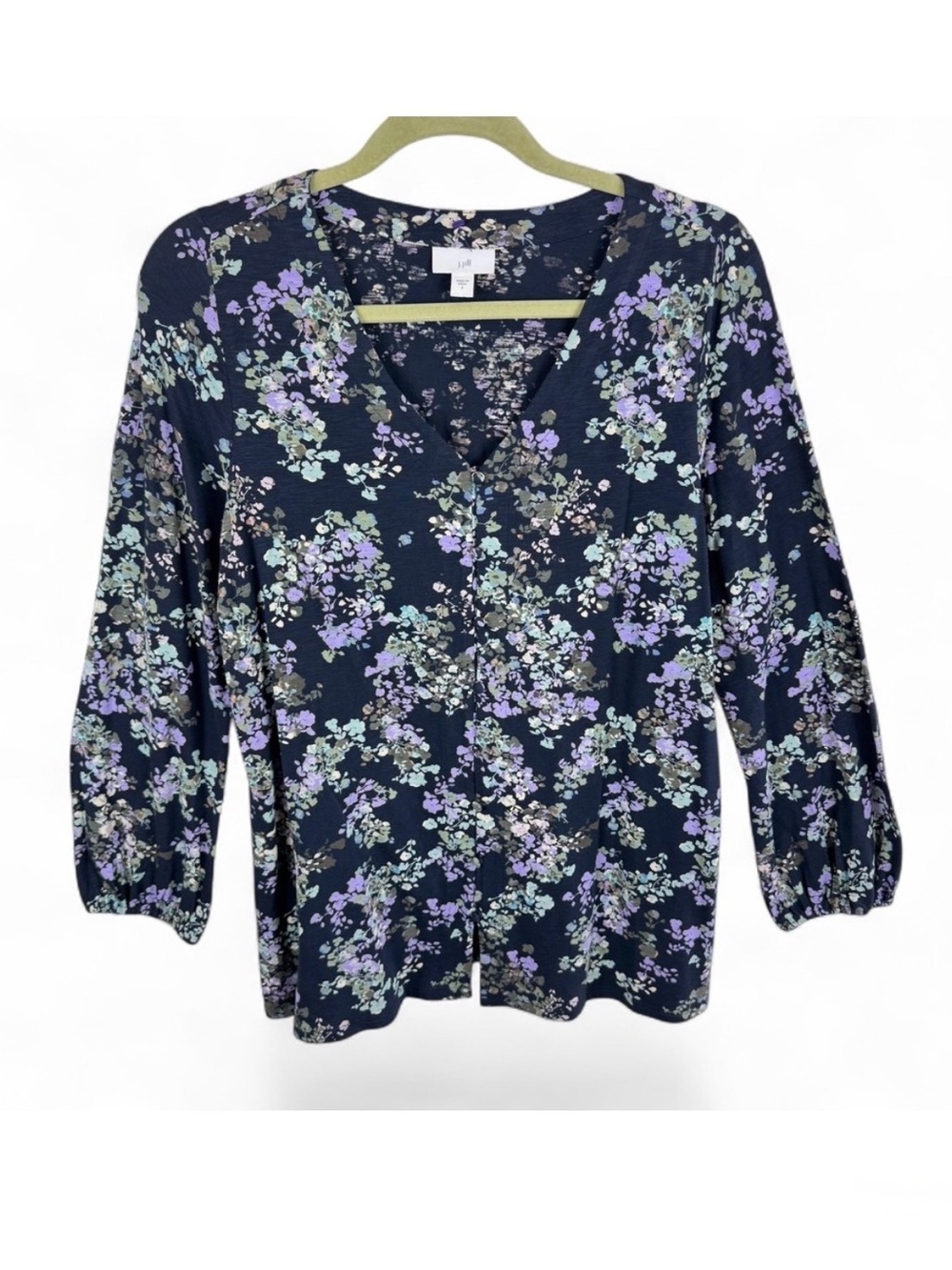 J. Jill Navy Floral‎ V-Neck Button Front 3/4 Sleeve Slub Knit Top Small